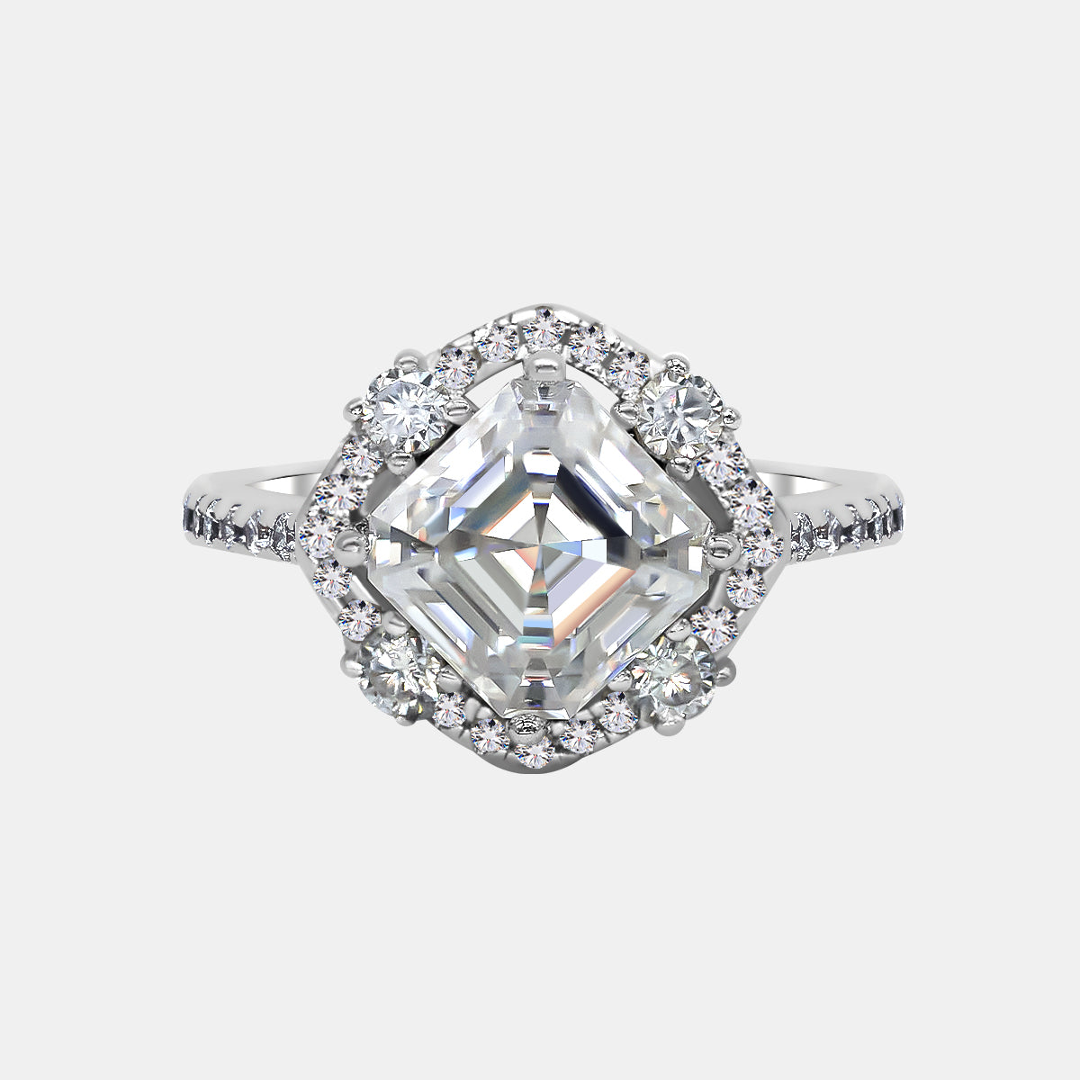 【725】"Begin Again" Quartet Halo 2.5 Carat Asscher Cut Moissanite Ring