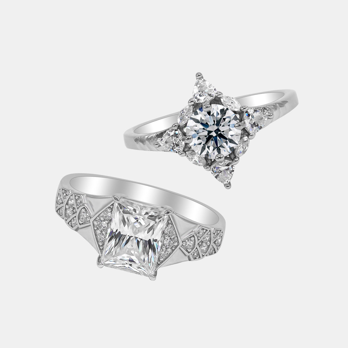 【740】"Entwined" Radiant Art Deco Clear Moissanite Couple Rings