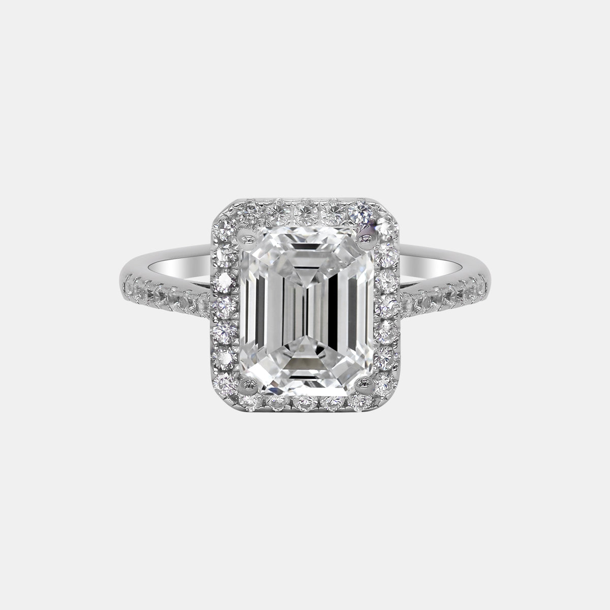 【722】"Begin Again" Halo Set 3 Carat Emerald Cut Moissanite Ring
