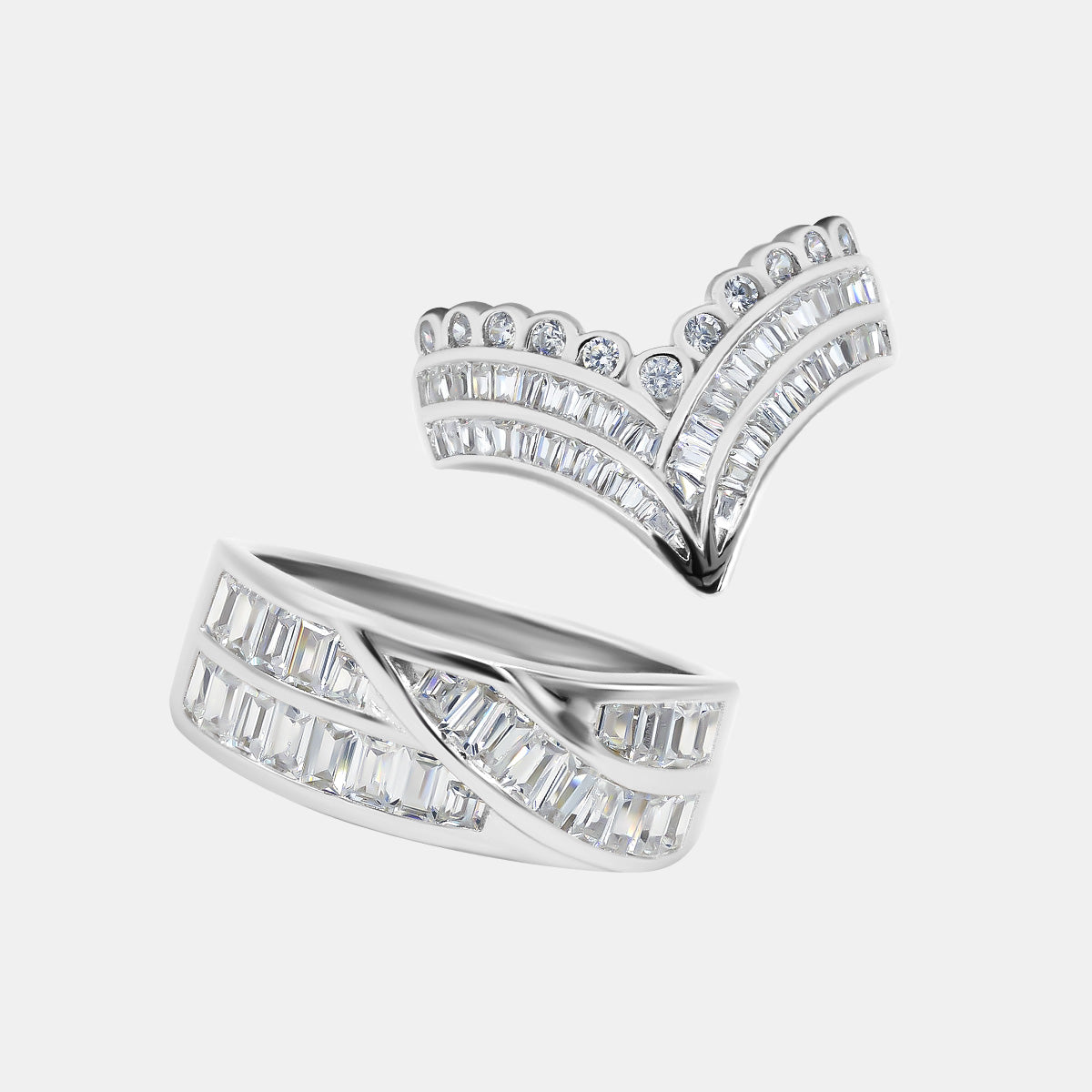 【738】"Entwined" Flow-lined Baguette Cut Cubic Zirconia Couple Bands