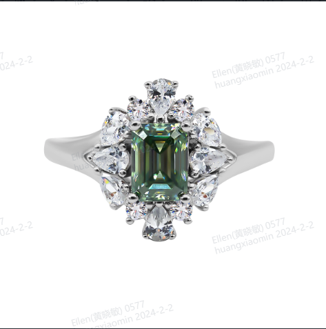 【#741】Radiant Cluster 1 Carat Emerald Cut Green Moissanite Ring